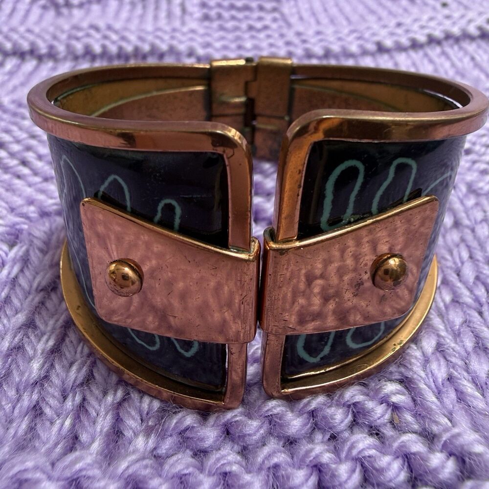 Vintage MCM Copper Enamel Clamper Bracelet Modernist Cuff Atomic Spring Hindged
